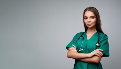 A woman in a green scrubs shirt is smiling and holding her arms crossed