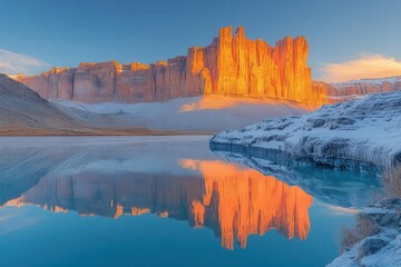 Canvas Print - majestic natural landscape with tranquil lakes reflecting sunlight towering rock formations frame the serene water golden hour lighting enhances the breathtaking beauty of untouched wilderness