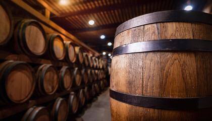Aufkleber - A rustic wooden barrel rests in a storage area filled with stacked barrels, evoking warmth and tradition in winemaking or brewing