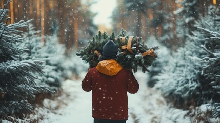 Wall Mural - A person carrying a Christmas tree through a snowy forest path surrounded by coniferous trees during winter