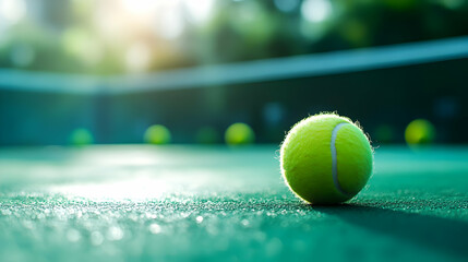 Tennis Ball on Court: Green Surface, Sunlit Background, Sport Equipment, Ready for Game