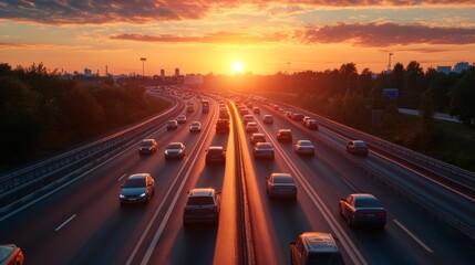 Poster - A highway during sunrise, with a stream of vehicles heading into the city, the sun casting a warm glow over the road, symbolizing the start of a new day.