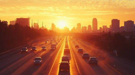 Poster - A highway during sunrise, with a stream of vehicles heading into the city, the sun casting a warm glow over the road, symbolizing the start of a new day.
