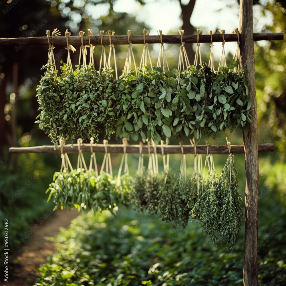 11. Fresh herbs drying on a simple wooden rack in a garden, captured in ...