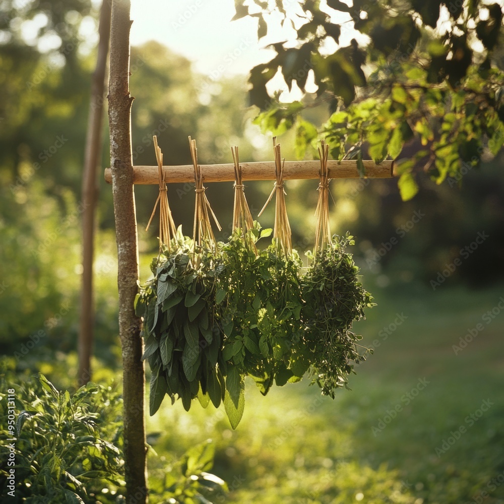 11. Fresh herbs drying on a simple wooden rack in a garden, captured in ...