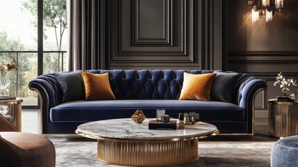 Poster - A luxurious living room with a velvet sofa, marble coffee table, and gold accents, exuding elegance and sophistication