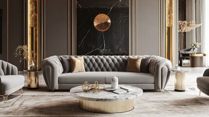 Poster - A luxurious living room with a velvet sofa, marble coffee table, and gold accents, exuding elegance and sophistication