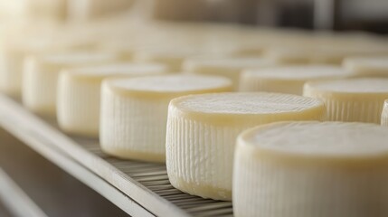 A row of freshly made cheese wheels cooling on a shelf in a factory, representing the cheese making process and the attention to detail in producing dairy products.