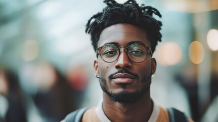 A young man in glasses, thoughtfully gazing at the camera, stands before a blurred background. His casual attire and backpack add to his approachable demeanor.