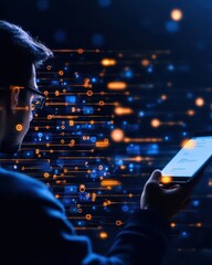Poster - person using a tablet with digital data flow and futuristic technology interface, representing big d