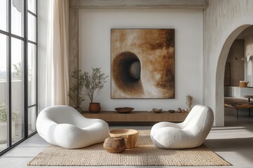 minimalist scandinavian living room flooded with natural light featuring two sleek armchairs and oversized abstract art piece on white wall