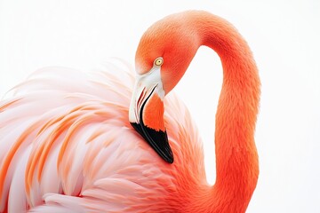 Wall Mural - A close up, high resolution image of a graceful flamingo with its distinctive pink feathers and elegant pose, set against a clean, bright white background. The even lighting