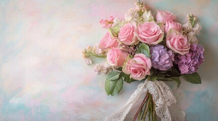 Wall Mural - A beautiful bouquet of pink roses and hydrangeas, tied with a delicate lace ribbon, on a soft, pastel background.