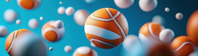 Poster - Dynamic image of floating spherical objects in orange and white against a blue background, creating a sense of motion.