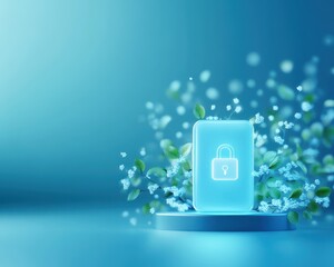 Poster - Digital security concept with a glowing lock icon on a podium, surrounded by abstract foliage and a blue gradient background.