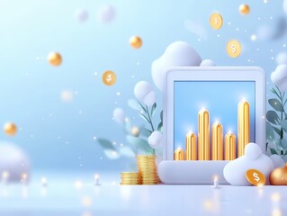 Poster - Digital financial growth illustration with a tablet showing rising bars, coins, and abstract growth symbols on a blue background.