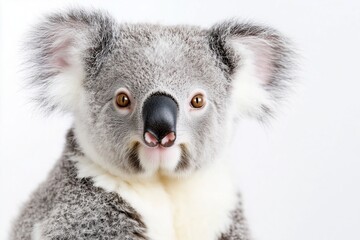 Wall Mural - A close up, high resolution image of a koala with a calm expression, set against a clean, bright white background. The even lighting highlights the koalas soft, fluffy fur and