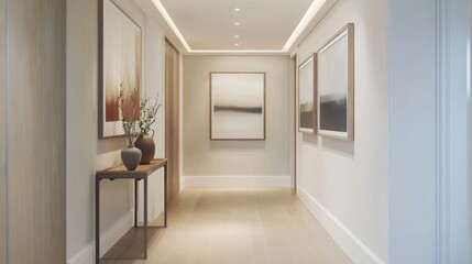 Aufkleber - A minimalist hallway with clean lines, a simple console table, and a few well-chosen pieces of art, creating a serene and welcoming entryway.