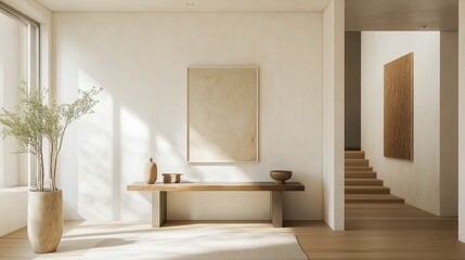 Aufkleber - A minimalist hallway with clean lines, a simple console table, and a few well-chosen pieces of art, creating a serene and welcoming entryway.