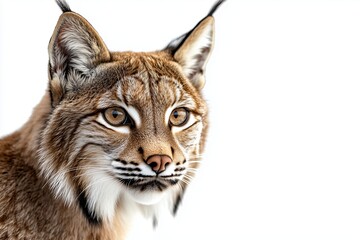Wall Mural - A close up, high resolution image of a lynx with an intense gaze, set against a clean, bright white background. The even lighting highlights the lynxs distinctive fur pattern and