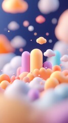 Fototapete - Colorful abstract 3D shapes and clouds float against a dark background, creating a dreamy, whimsical, and vibrant scene.