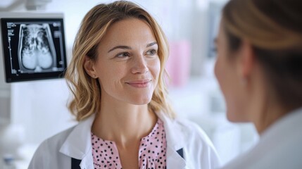 a detailed image of a woman patient consulting with her doctor in a bright modern medical office the