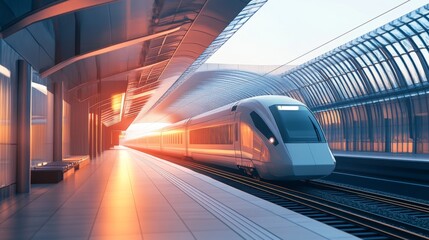 Aufkleber - A modern electric train arriving at a sleek, futuristic station, with clean lines and high-tech features, set against a bright sky.