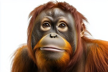 Wall Mural - A close up, high resolution image of a majestic orangutan with a thoughtful expression, set against a clean, bright white background. The even lighting highlights the orangutans