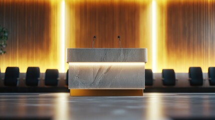 Poster - A contemporary podium with a polished granite surface and sleek metal base, set up for a professional seminar
