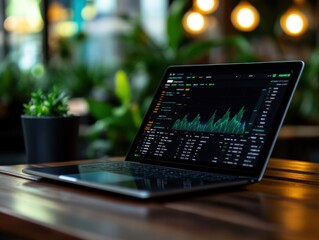 Poster - A laptop displaying stock market charts on a wooden table with plants and warm lighting in the background, perfect for financial and tech themes.