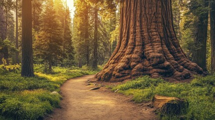 Poster - A giant sequoia tree towering over a forest path, showcasing its immense size and grandeur.