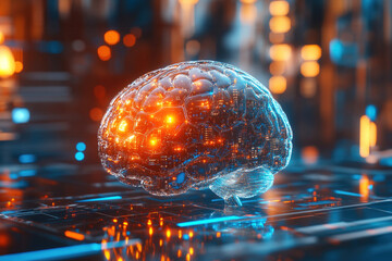 Poster - A digitized brain with vibrant lights and circuits symbolizing AI and technology advancement in a futuristic cyberspace.