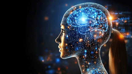 Poster - A profile of a cybernetic brain with glowing lights and circuit connections, representing AI and technological integration.