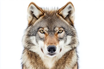 Wall Mural - A close up, high resolution image of a majestic wolf with an intense gaze, set against a clean, bright white background. The even lighting highlights the wolfs detailed fur texture
