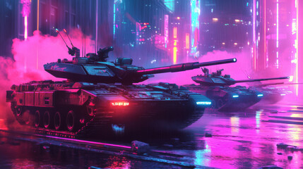 Wall Mural - A group of tanks are in a battle, with one tank being the largest