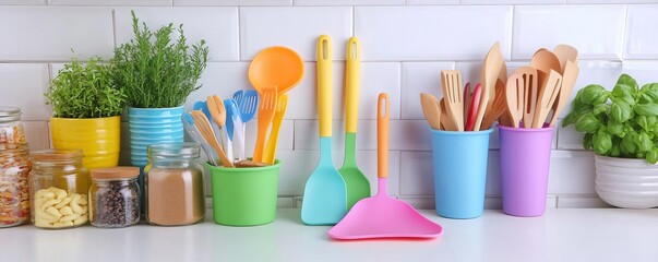 Silicone spatula and spoon set in a colorful kitchen, flexible and durable cooking aids