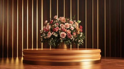 Poster - a luxurious wooden podium with a polished finish, decorated with a bouquet of flowers on a stage.