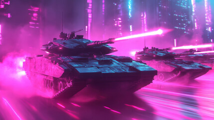 A group of tanks are in a battle, with one tank being the largest