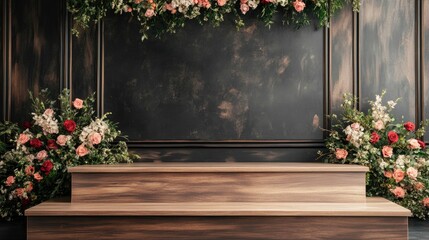 Poster - a luxurious wooden podium with a polished finish, decorated with a bouquet of flowers on a stage.