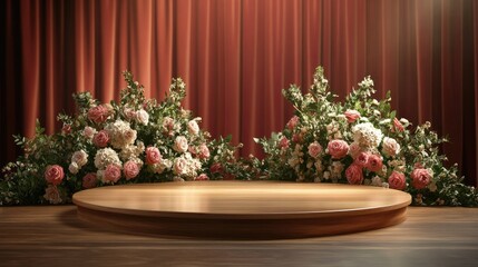 Poster - a luxurious wooden podium with a polished finish, decorated with a bouquet of flowers on a stage.