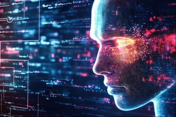 Poster - Digital face with glowing blue and red circuitry lines, symbolizing the blend of human and artificial intelligence technology.