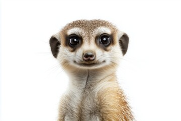 Wall Mural - A close up, high resolution image of a vigilant meerkat with a curious expression, set against a clean, bright white background. The even lighting highlights the meerkats