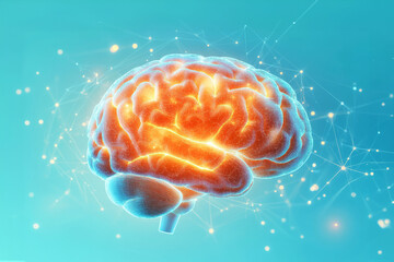 Poster - An illustration of a glowing human brain with interconnected nodes representing neural networks against a blue background.