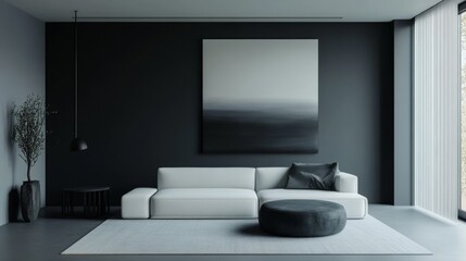 Aufkleber - A modern living room with a sleek, minimalist design, featuring a low-profile sofa, abstract art, and a monochromatic color scheme.