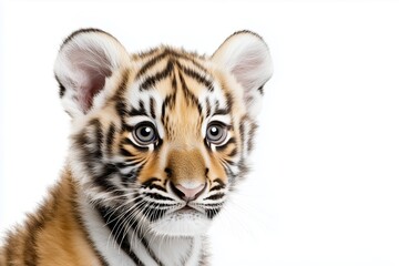 Wall Mural - A close up, high resolution image of an adorable tiger cub with a curious expression, set against a clean, bright white background. The even lighting highlights the cubs soft fur