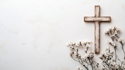 Canvas Print - A delicate composition with a cross and flowers on a muted white backdrop, perfect for religious messages or designs with text space.