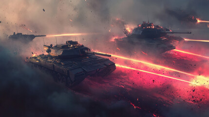 Wall Mural - A group of tanks are in a battle, with one tank being the largest