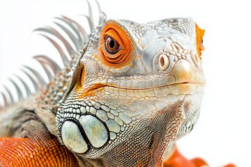 Wall Mural - A close up, high resolution image of an iguana with a detailed, textured skin and a calm expression, set against a clean, bright white background. The even lighting highlights the