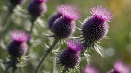 Wall Mural - Close up of beautiful purple thistle in bloom.