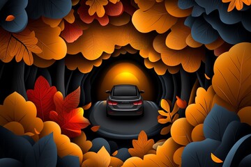 Aufkleber - Autumn road trip through a forest, illustrated in a scene where a car drives down a winding road surrounded by trees in full autumn color, with the sun shining through the branches and leaves